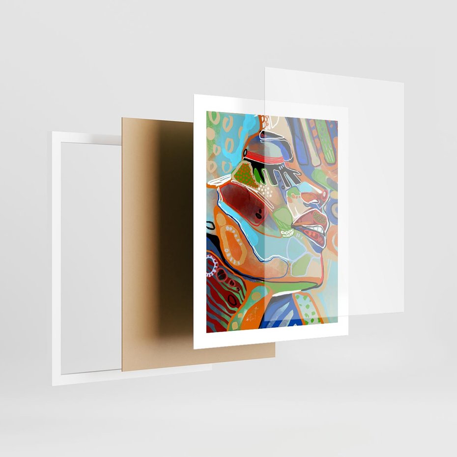 Plakat w ramie 40x50 - Kolorowe Wnętrza Kształtów - abstrakcyjny portret kobiety, twarz - rama biała