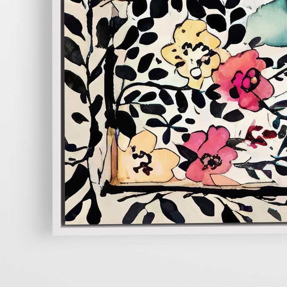 Obraz w ramie 70x50 - Opowieść w kroplach farb - akwarelowe kwiaty, mocna ornamentowa czarna ramka namalowana dookoła obrazu - rama biała