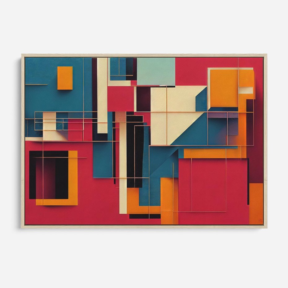 Obraz w ramie 70x50 - Przejście przez labirynt myśli - kolorowa abstrakcja, instalacja z prostokątów i lini - rama drewno