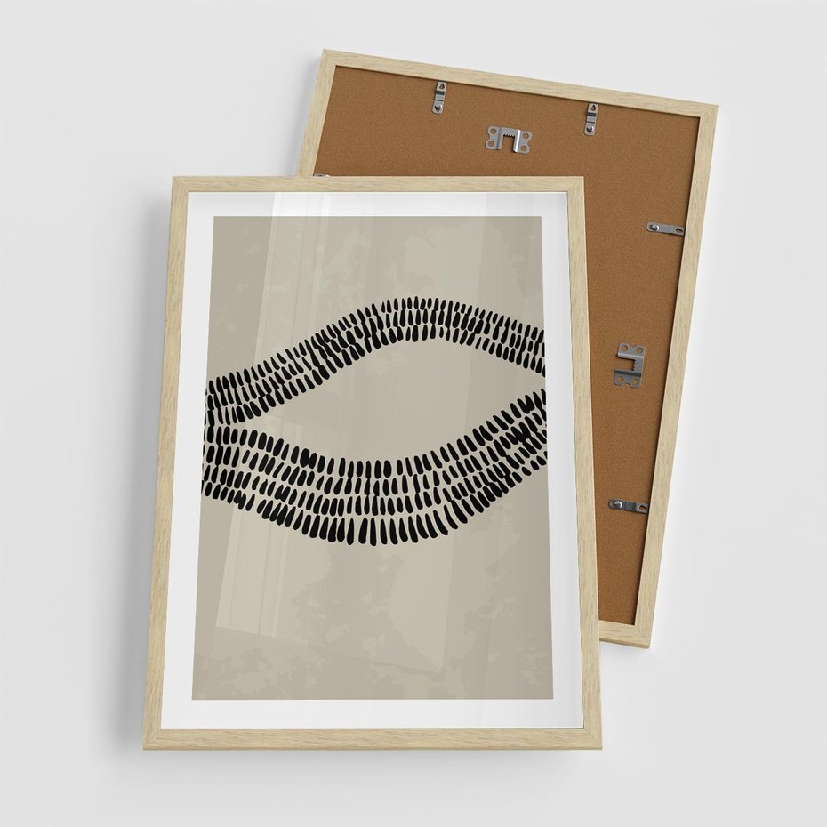 Plakat w ramie 50x70 - Kontury Ewolucji Materii - boho plakat, czarne kropki kreski - rama drewno