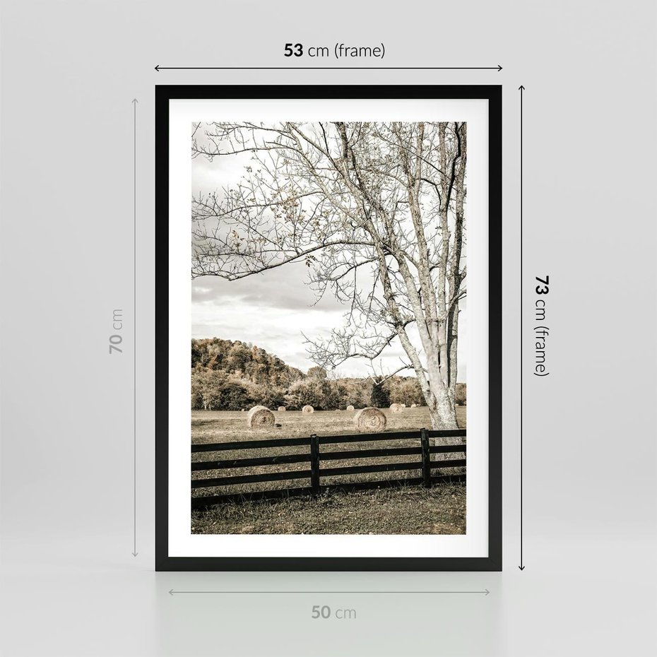 Plakat w ramie 50x70 - Drzewa i Snopki Siana - farma, drzewa - rama czarna