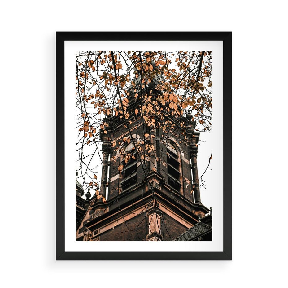 Plakat w ramie 50x70 - Jesienna Wieża w Liściach - architektura, wieża - rama czarna