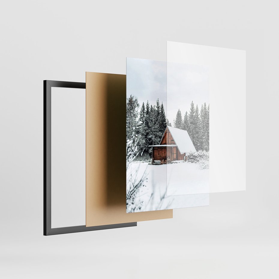Zestaw obrazy w ramie 50x70 galeria - Las, zima, domki, śnieg - rama czarna
