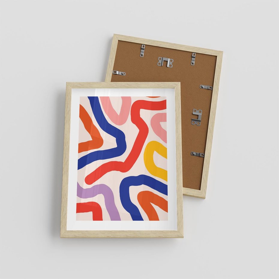 Plakat w ramie 30x40 - Intrygujące Widzenia - abstrakcyjny kolorowy obraz, kolorowe linie - rama drewno