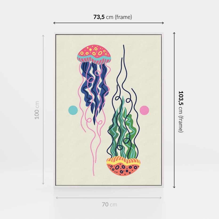 Obraz w ramie 70x100 - Morskie Pulsacje - nowoczesny optymistyczny plakat, kolorowe meduzy - rama biała