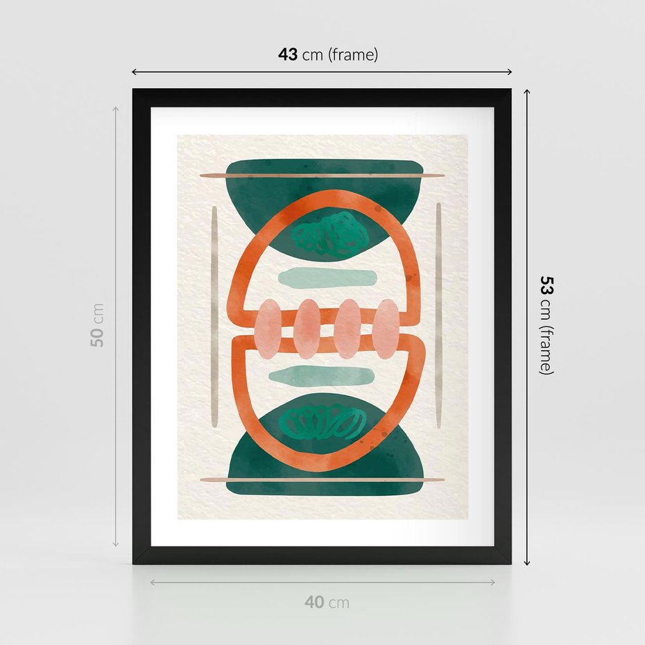 Plakat w ramie 40x50 - Oryginalny obraz abstrakcyjny w nowoczesnym stylu. Geometryczne akwarelowe kształty w intensywnych odcieniach zieleni i pomarańczu. Doskonała dekoracja dla miłośników sztuki. - abstrakcyjny obraz, sztuka nowoczesna - rama czarna