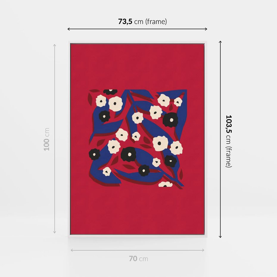 Obraz w ramie 70x100 - Kolorowe Przenikanie - abstrakcyjna kwiatowa kompozycja, czerwone mocne tło - rama biała