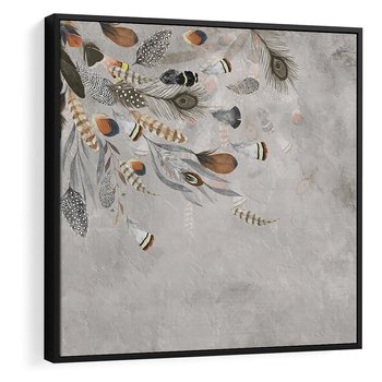 Obraz w ramie 50x50 - Sploty losu na płótnie - kompozycja boho piór, indiańskie pióra - rama czarna