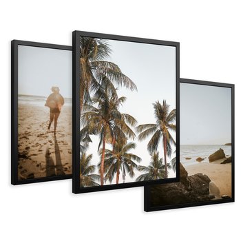 Zestaw obrazy w ramie 30x40 galeria - Plaża, palmy, zachód, słońca, morze - rama czarna