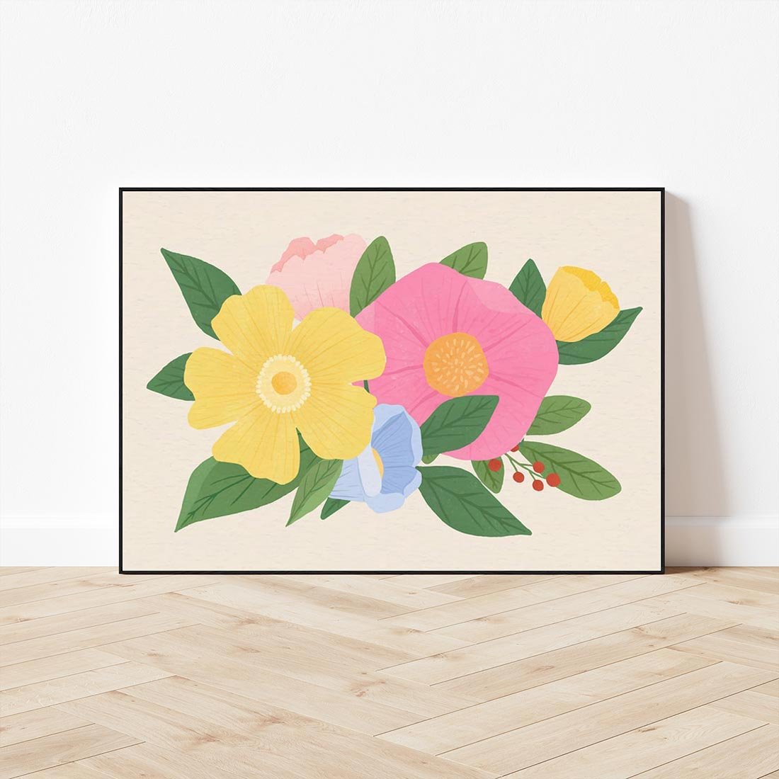 Obraz w ramie 100x70 - Kwiatowy Uśmiech - kwiaty, akwarela - rama czarna