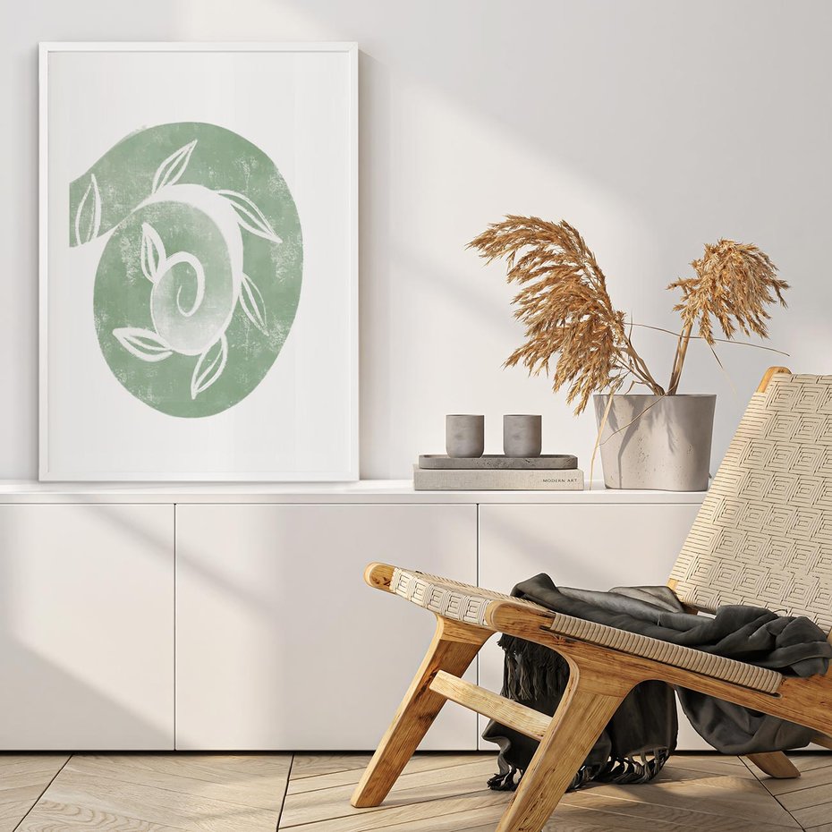 Plakat w ramie 30x40 - Zielony Świat Odpoczynku - abstrakcyjny zielony motyw, skandynawski design - rama biała