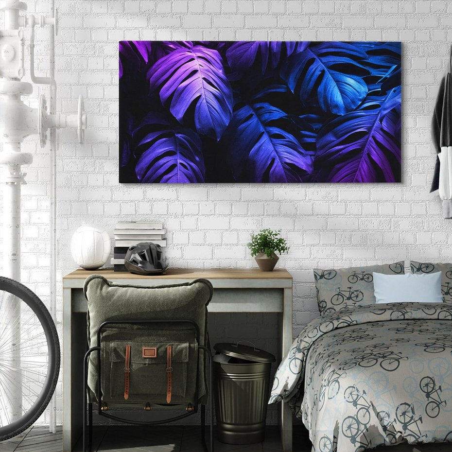 Obraz na płótnie 140x70 - Mroczna Magia Dżungli - mroczna grafika, fioletowe liście monstery na czarnym tle