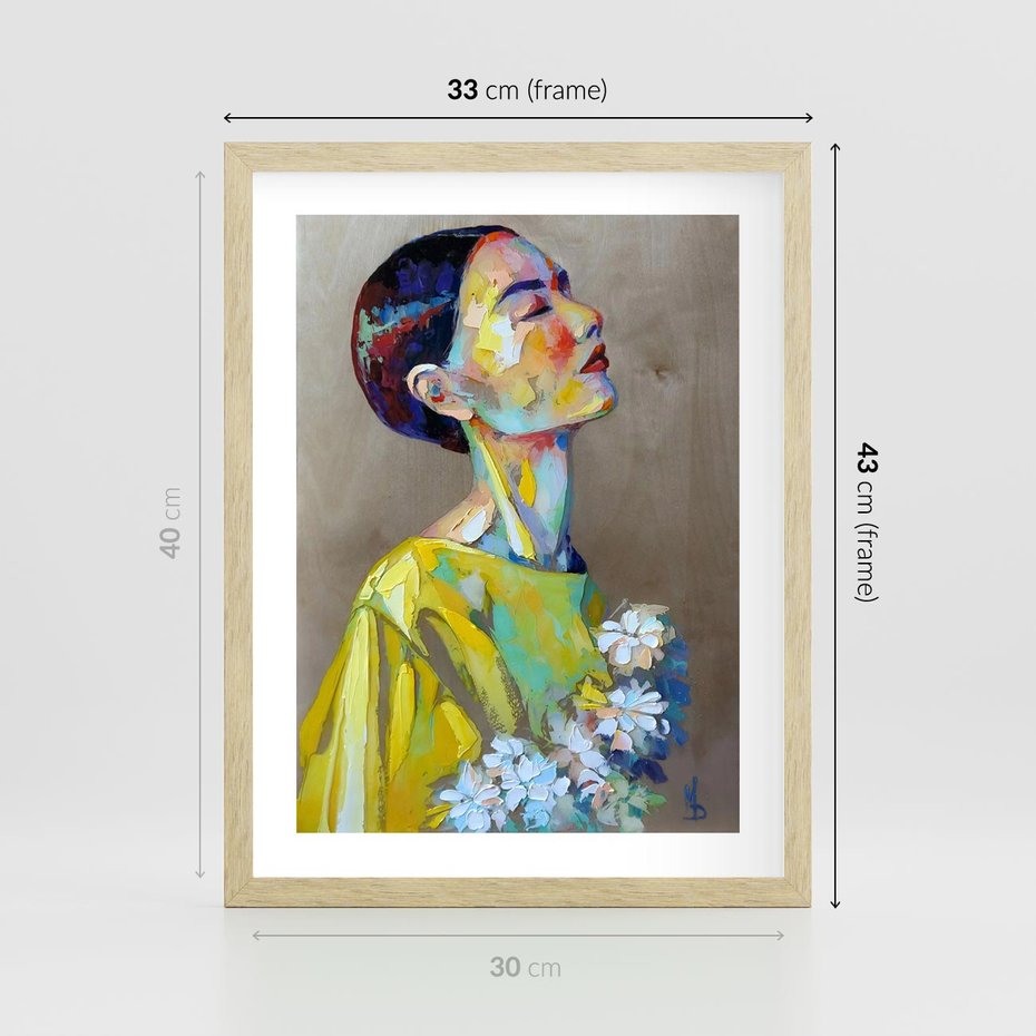 Plakat w ramie 30x40 - W Żółtej Sukience - olejny abstrakcyjny obraz, portret kobiety w żółtej sukience - rama drewno
