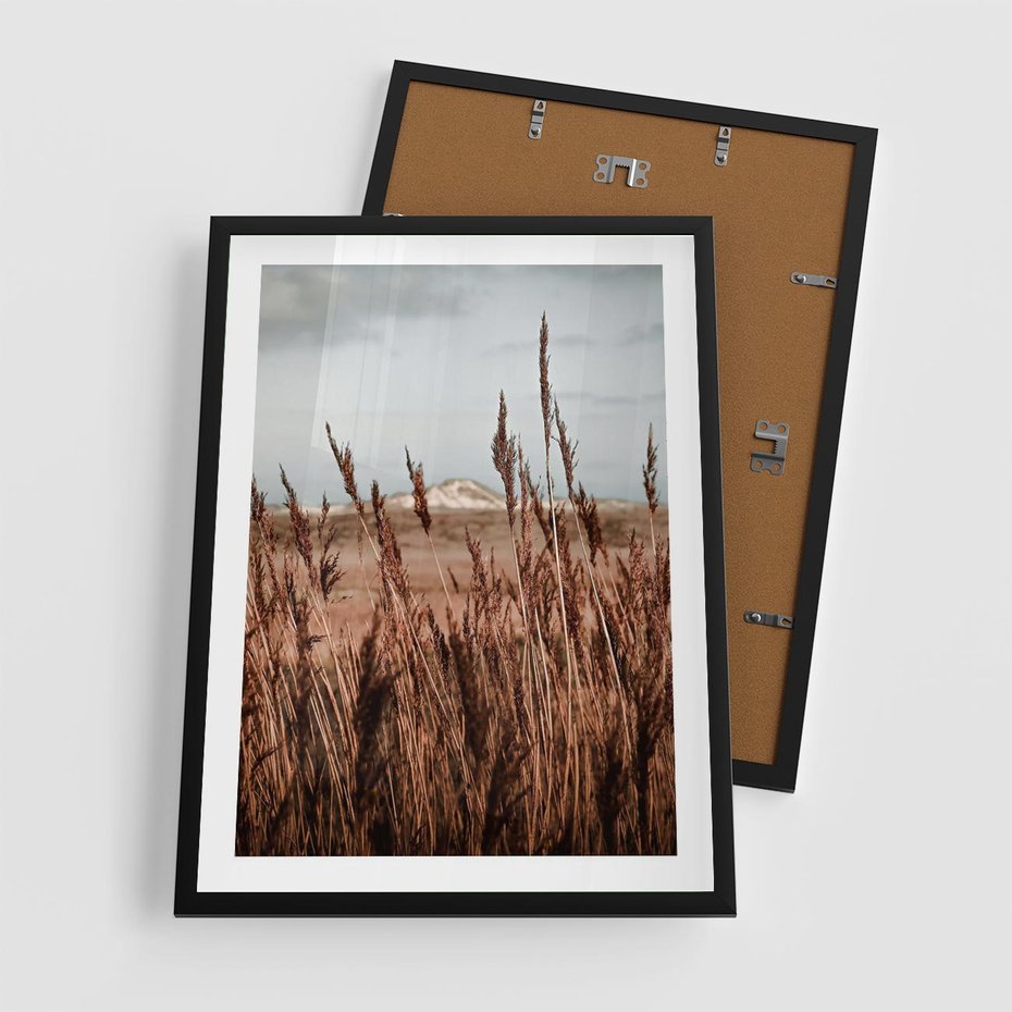 Plakat w ramie 50x70 - Wysokie Trawy w Górskim Krajobrazie - suche trawy, wysokie trawy - rama czarna