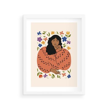 Plakat w ramie 40x50 - Rozplątane Emocje - nowoczesny plakat, kobieta otoczona kwiatami - rama biała