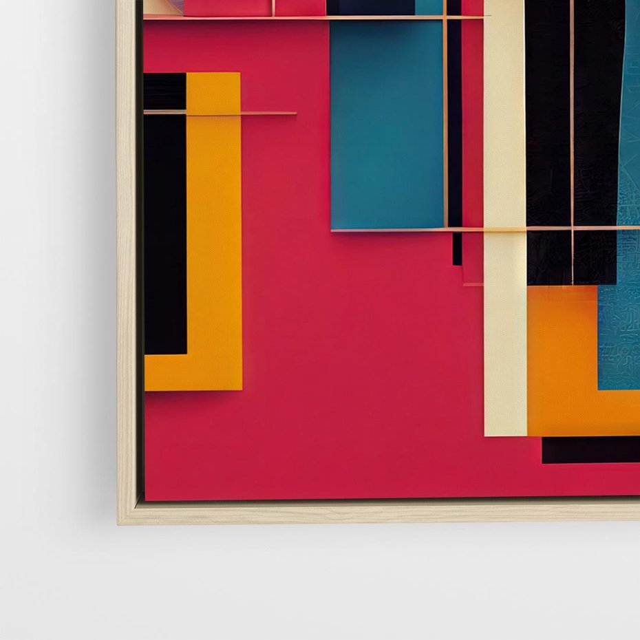 Obraz w ramie 50x50 - Przejście przez labirynt myśli - kolorowa abstrakcja, instalacja z prostokątów i lini - rama drewno