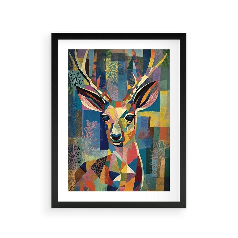 Plakat w ramie 30x40 - Bezgraniczne Kontury Zaskoczenia - abstrakcyjny obraz olejny, jeleń - rama czarna