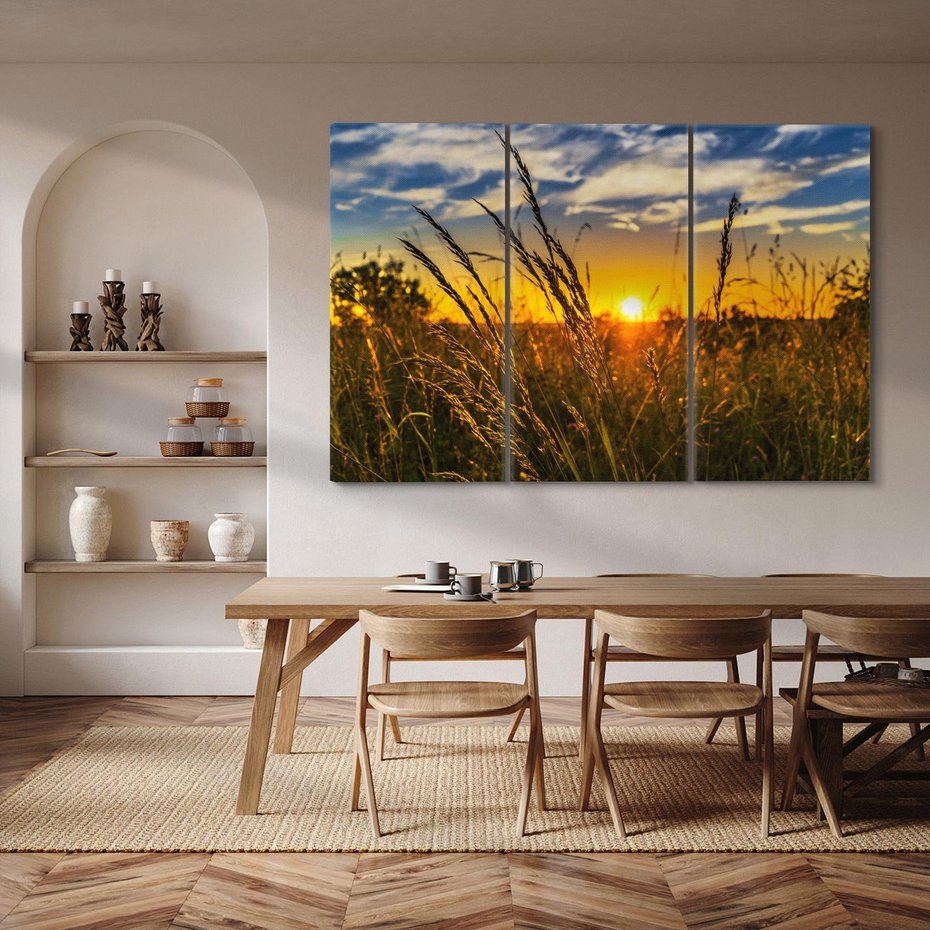 Obraz na płótnie 120x80 - "Zachód Słońca, Łąka - Magiczna Aura - zachód, słońca