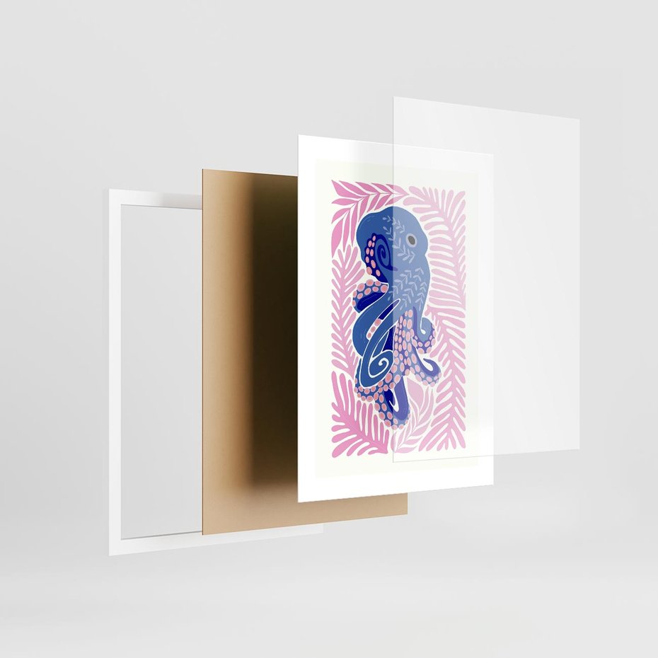 Plakat w ramie 30x40 - Rozkwitające marzenia - abstrakcyjna kompozycja, niebieska ośmiornica wśród różowej roślinnośći - rama biała