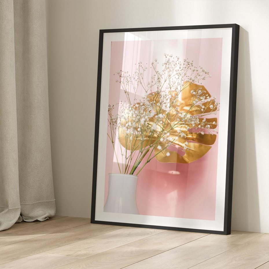 Plakat w ramie 40x50 - Blask Natury - złote, liście - rama czarna