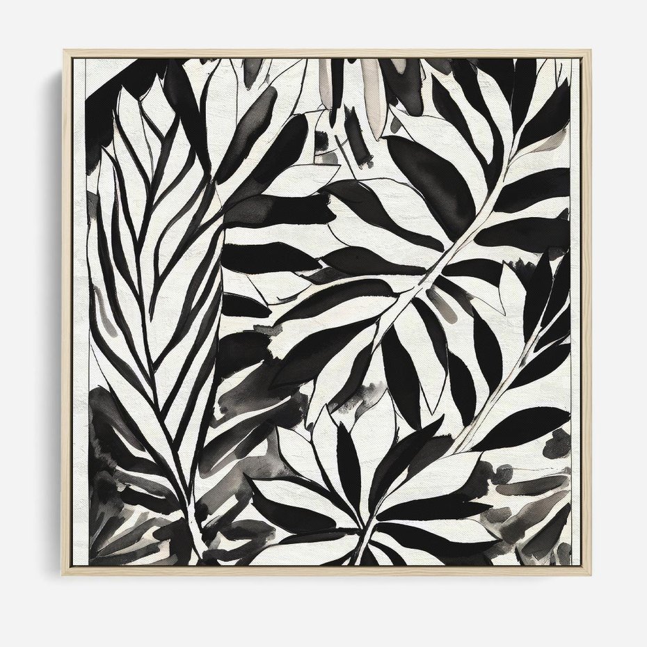 Obraz w ramie 80x80 - Czarne Liście - akwarelowy obraz, czarno biały - rama drewno