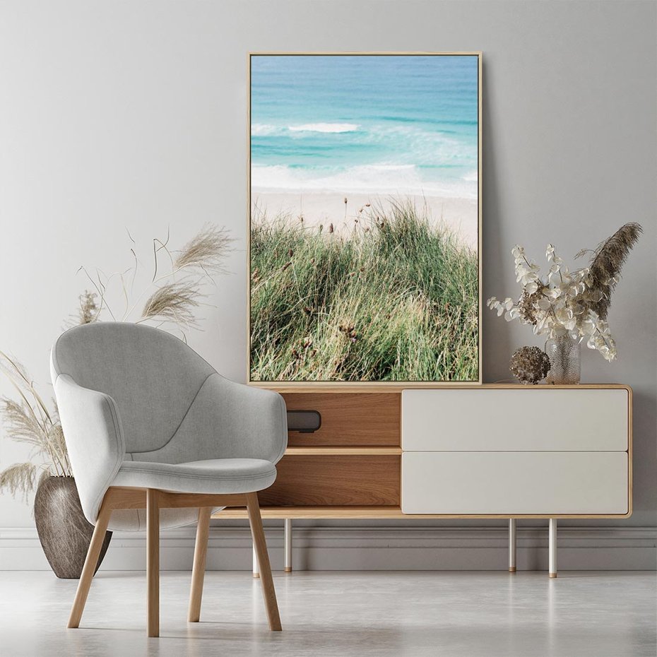 Obraz w ramie 80x120 - Harmonia Natury - widok z wydm, wydmy porośnięte trawami - rama drewno