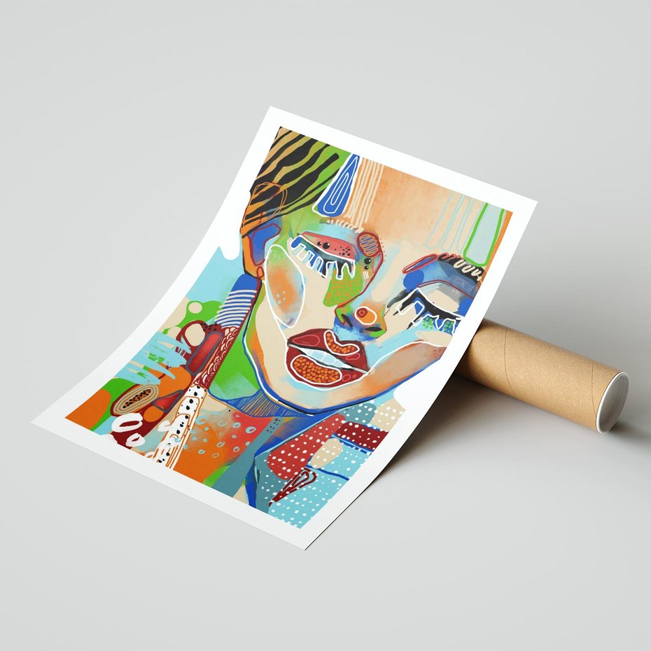 Plakat bez ramy 50x70 - Kolorowe Formy - abstrakcyjny portret kobiety, twarz