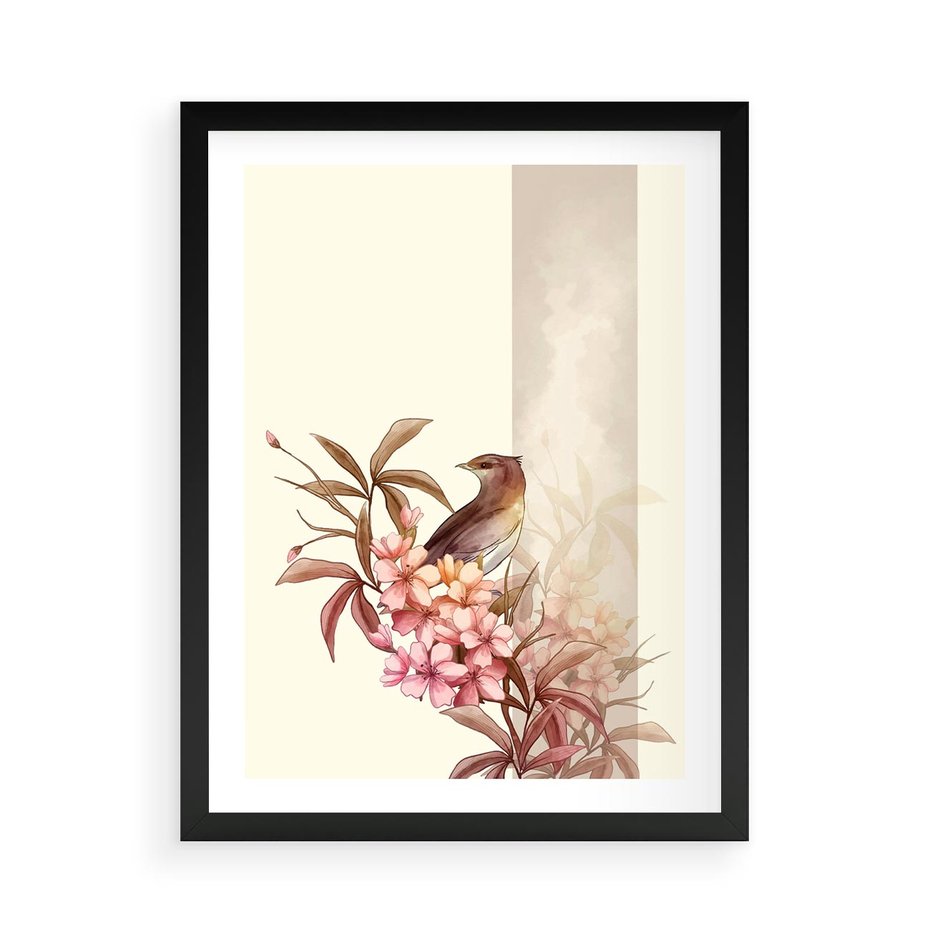 Plakat w ramie 50x70 - Kwiatowe Zanurzenie - japońska sztuka, ptak - rama czarna