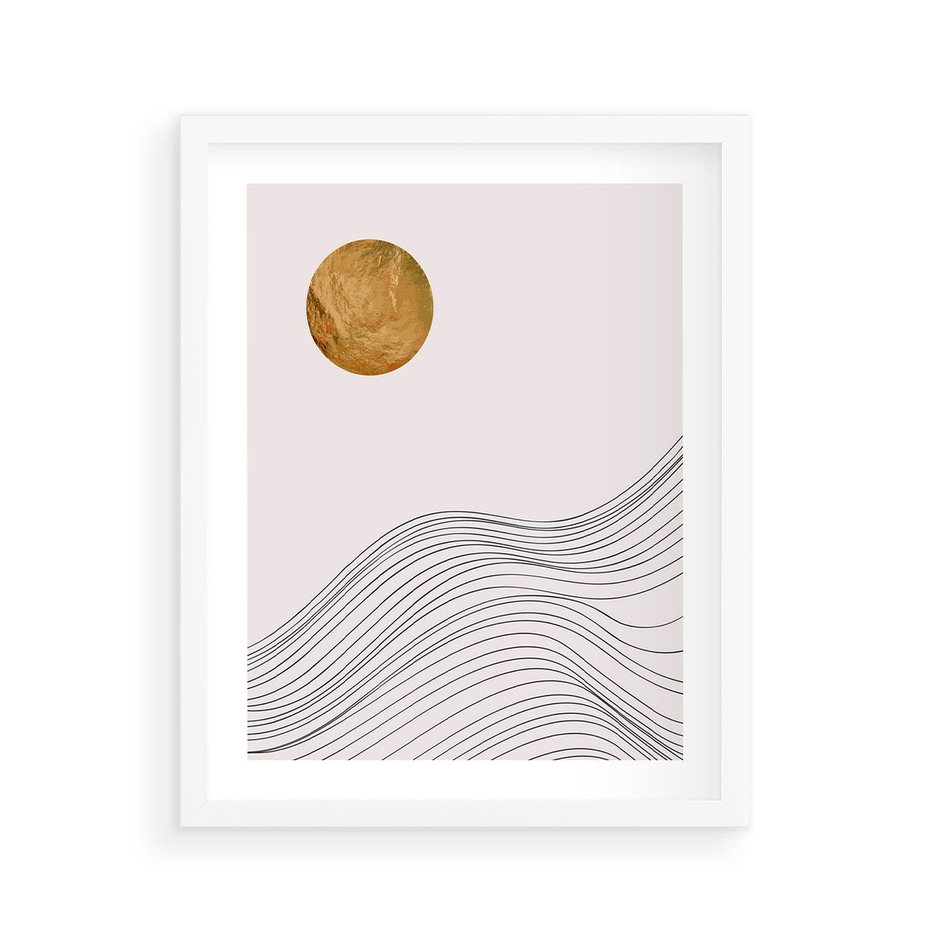 Plakat w ramie 40x50 - Minimalistyczne Słońce: Blask i Złoto - grafika, minimalizm - rama biała