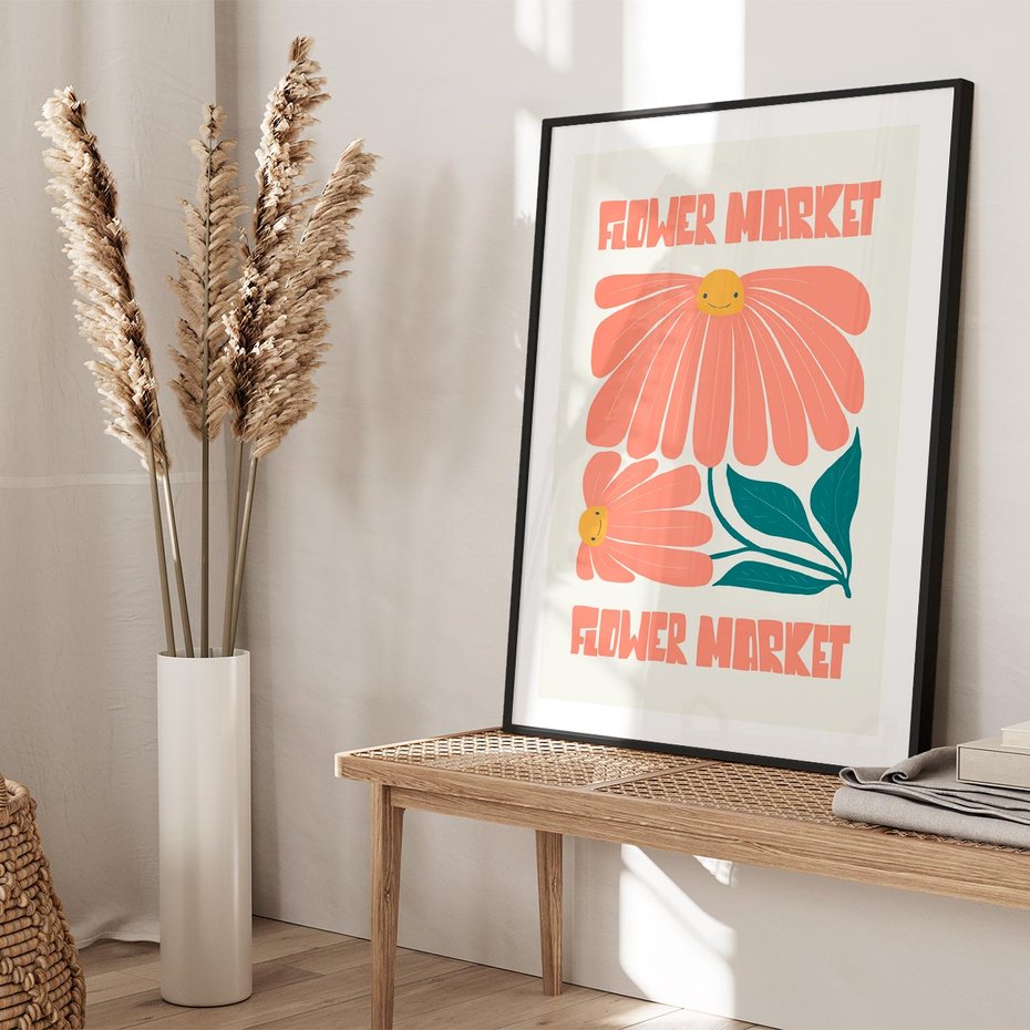 Plakat bez ramy 21x30 - Grafika Pełna Radości - wesoła grafika, uśmiechnięte kwiaty