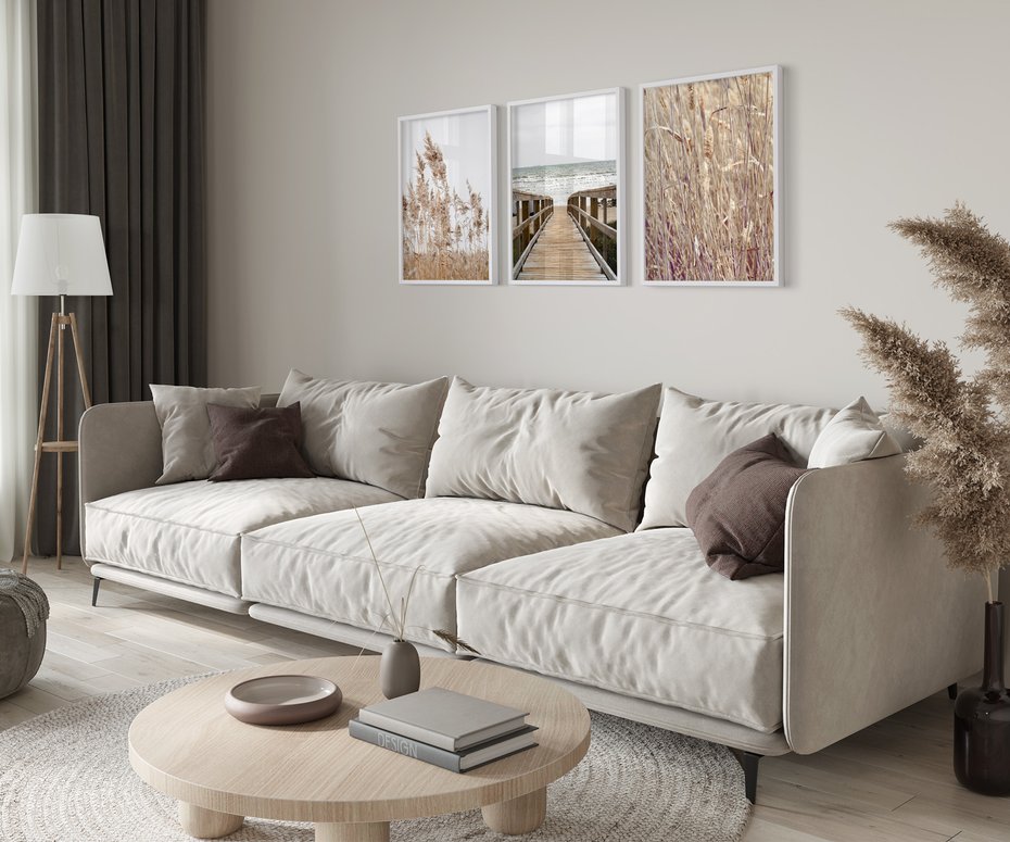 Zestaw obrazy w ramie 30x40 galeria - Trawy, morze, plaża, pampas - rama biała