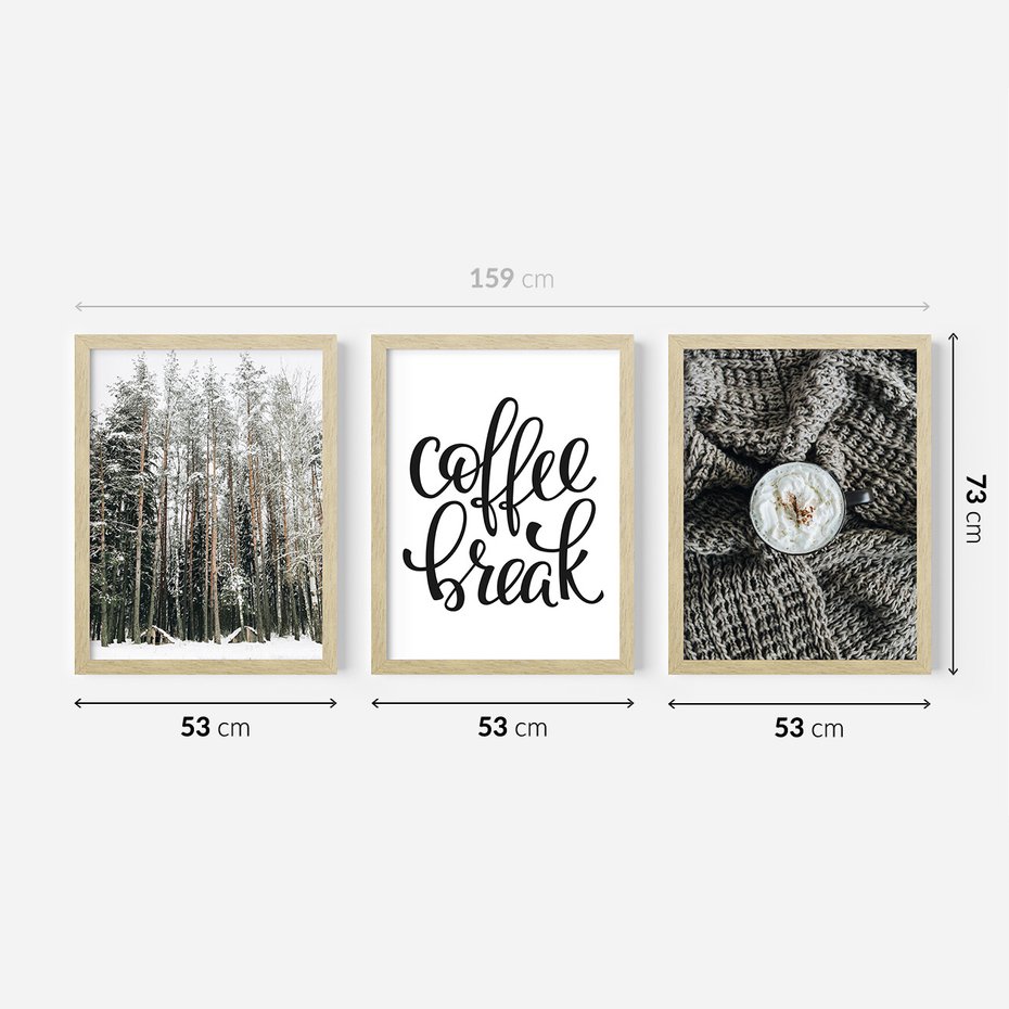 Zestaw obrazy w ramie 50x70 galeria - Kawa, las, zima, przytulnie - rama drewno