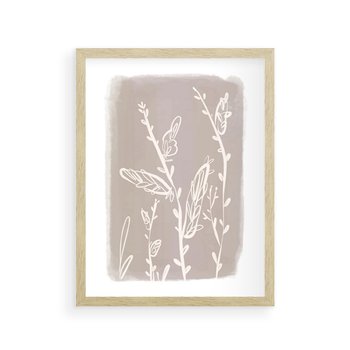 Plakat w ramie 30x40 - Roślinne Przeniknięcia - nowoczesny subtelny plakat, beżowy - rama drewno