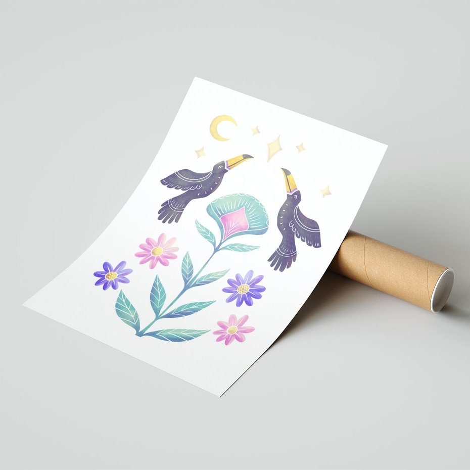 Plakat bez ramy 21x30 - Przenikająca Dżungla - boho plakat, tukany