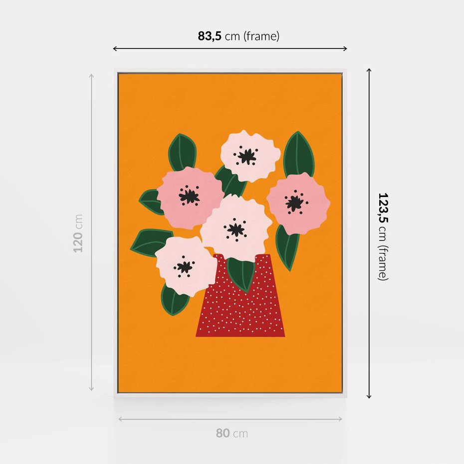 Obraz w ramie 80x120 - Harmonijne Granice - abstrakcyjne kwiaty, żółte tło - rama biała