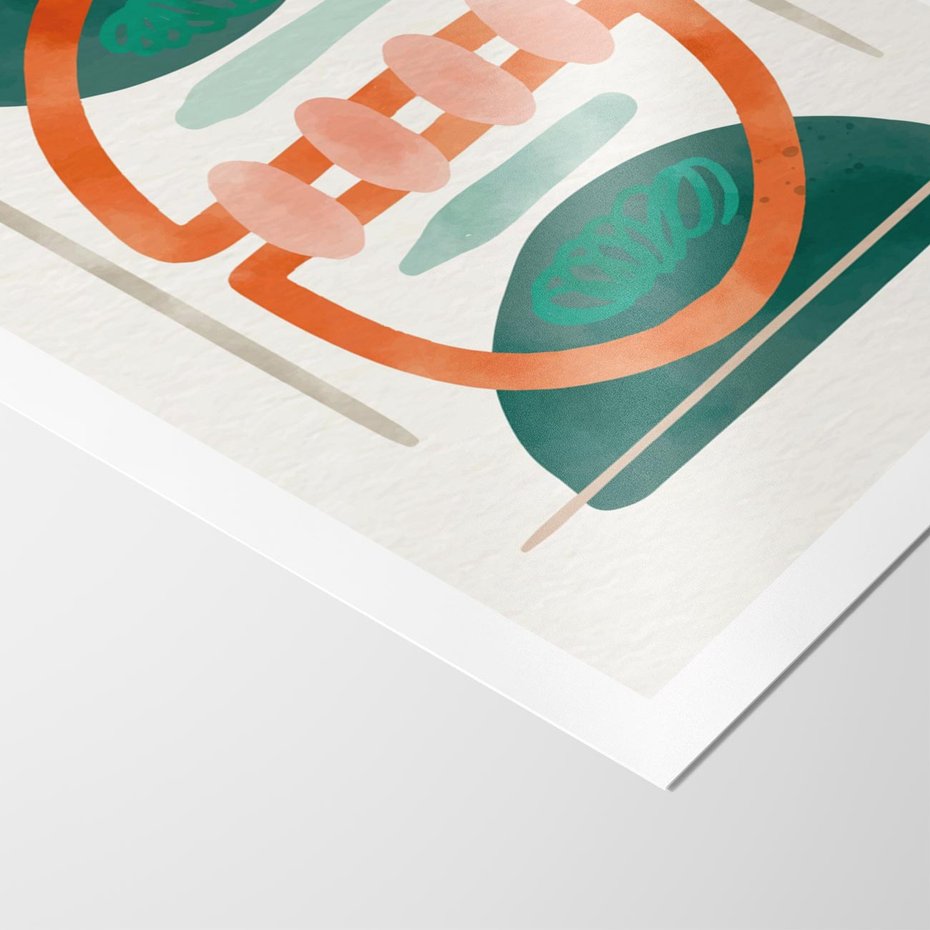 Plakat bez ramy 21x30 - Oryginalny obraz abstrakcyjny w nowoczesnym stylu. Geometryczne akwarelowe kształty w intensywnych odcieniach zieleni i pomarańczu. Doskonała dekoracja dla miłośników sztuki. - abstrakcyjny obraz, sztuka nowoczesna