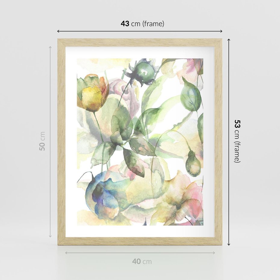 Plakat w ramie 40x50 - Delikatne Kolory - akwarelowe, kwiaty - rama drewno