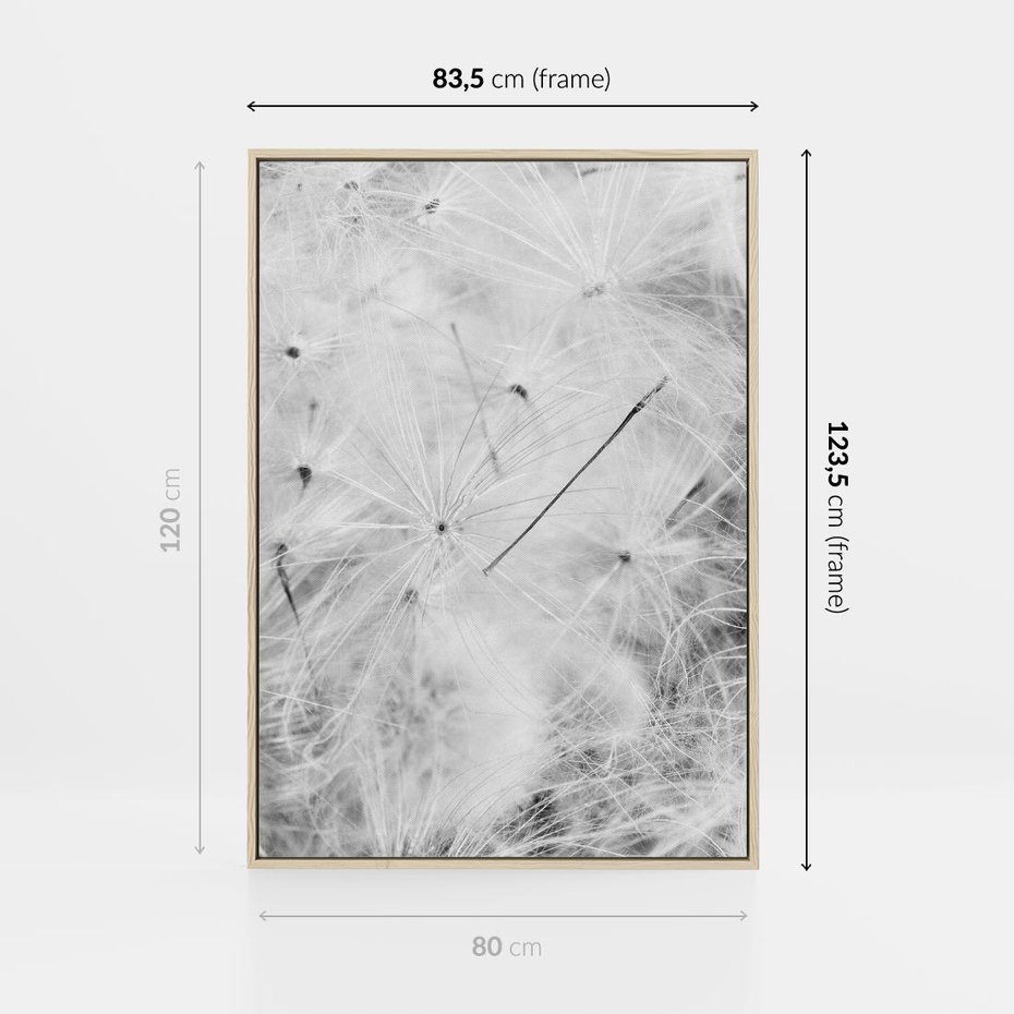 Obraz w ramie 80x120 - Zdmuchnięty Puch - dmuchawce, delikatne - rama drewno