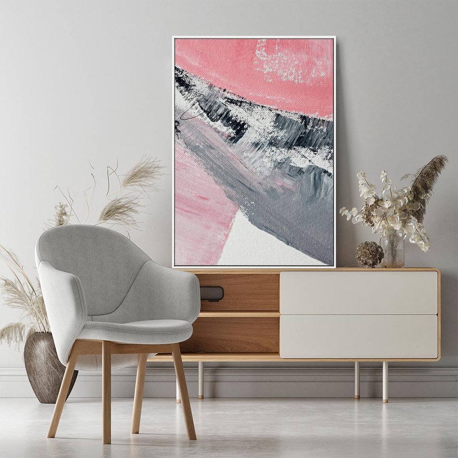 Obraz w ramie 50x70 - Kontrastujący Ruch Emocji - abstrakcyjne pasy farby, kolory róż szary czarny - rama biała