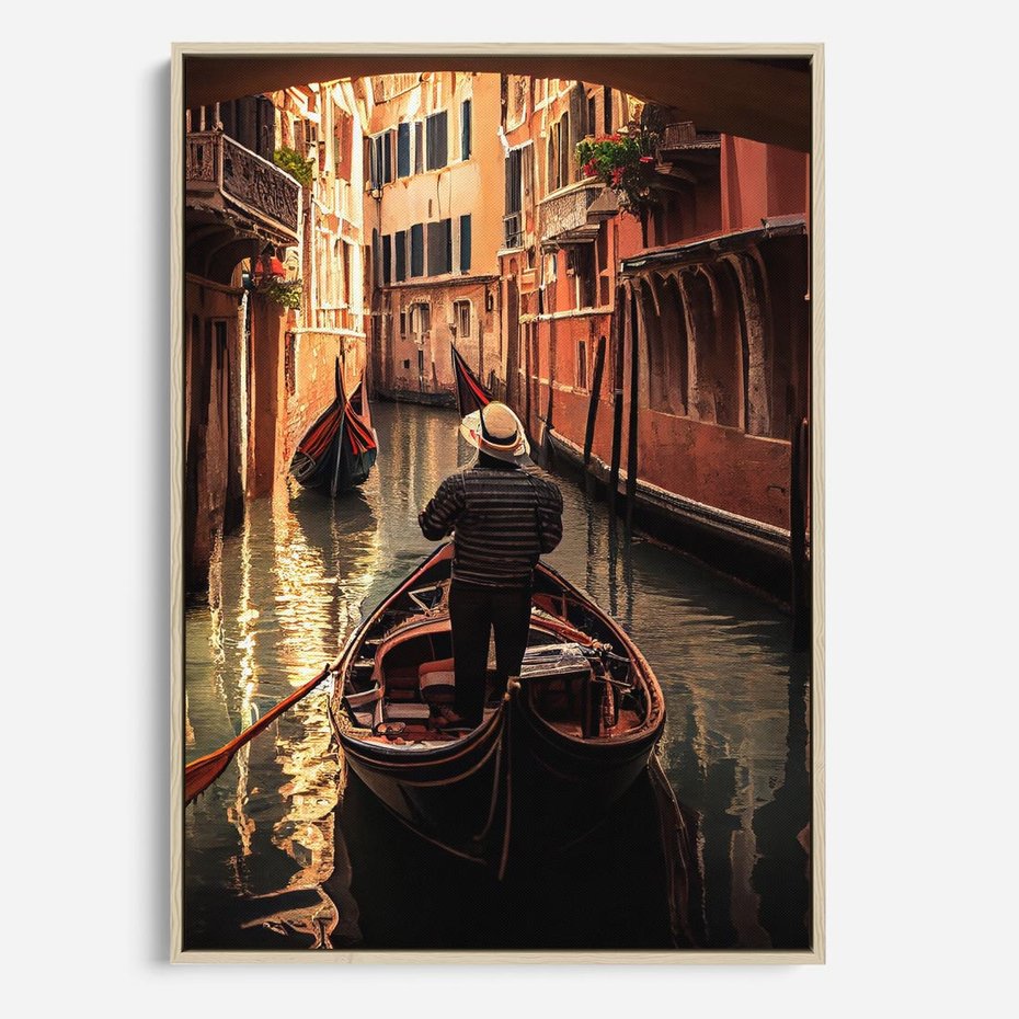 Obraz w ramie 80x120 - Spokojna Wenecja - gondolier w gondoli, kanały Wenecji - rama drewno