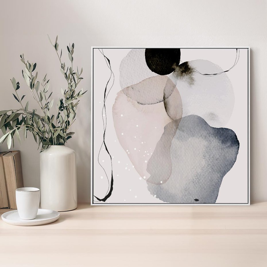 Obraz w ramie 50x50 - Migocące Barwy - abstrakcyjne plamy akwarelowe, czarny szkic - rama biała