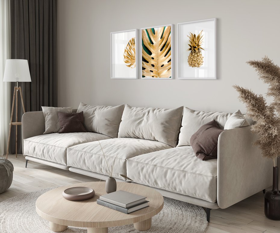 Zestaw obrazy w ramie 50x70 galeria - Złoty, ananas, monstera, gold - rama biała