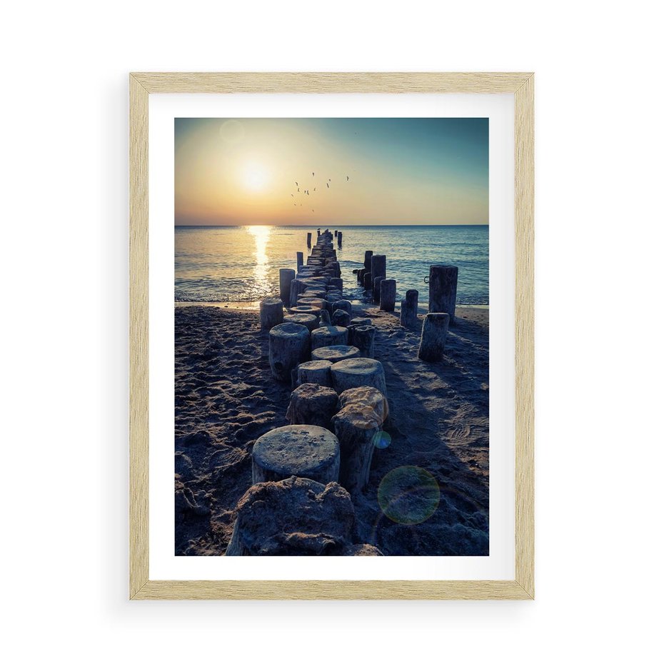 Plakat w ramie 50x70 - Zachód Słońca nad Morzem - morze, zachód - rama drewno