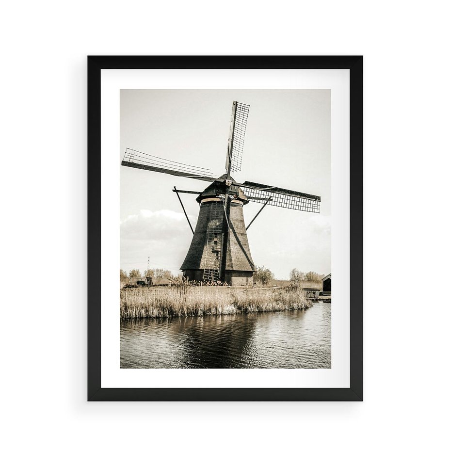 Plakat w ramie 40x50 - Holenderski Wiatrak w Sepii - holenderski wiatrak, młyn - rama czarna