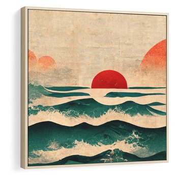 Obraz w ramie 50x50 - Czerwone Melodie - japońska sztuka, zachód słońca nad oceanem - rama drewno