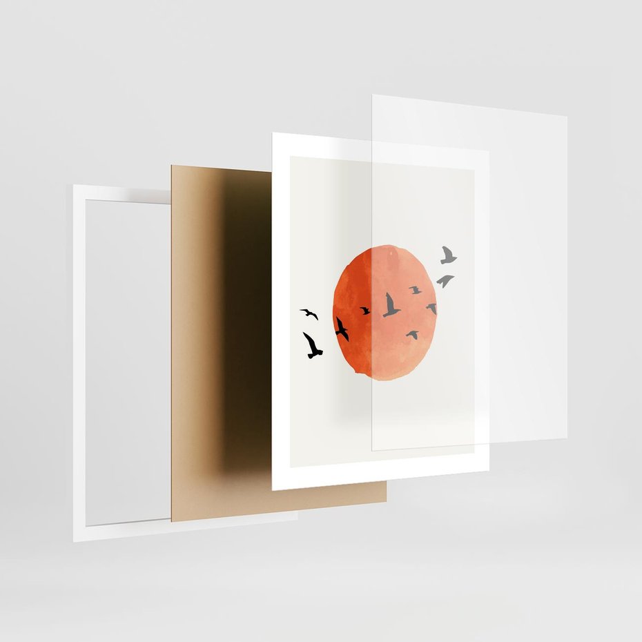 Plakat w ramie 40x50 - Zachód Słońca i Ptaki - grafika akwarela, czarne ptaki na tle zachodu słońca - rama biała