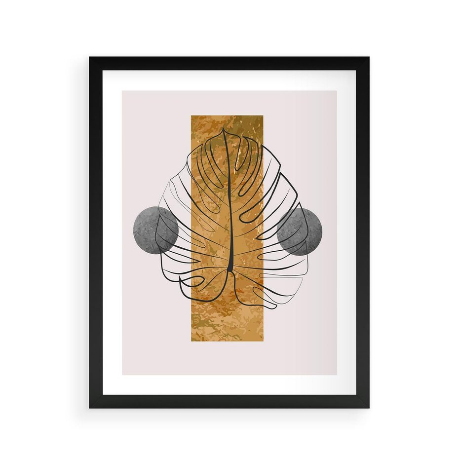 Plakat w ramie 40x50 - Minimalistyczna Monstera: Złoty Prostokąt - liść  monstery, minimalizm - rama czarna