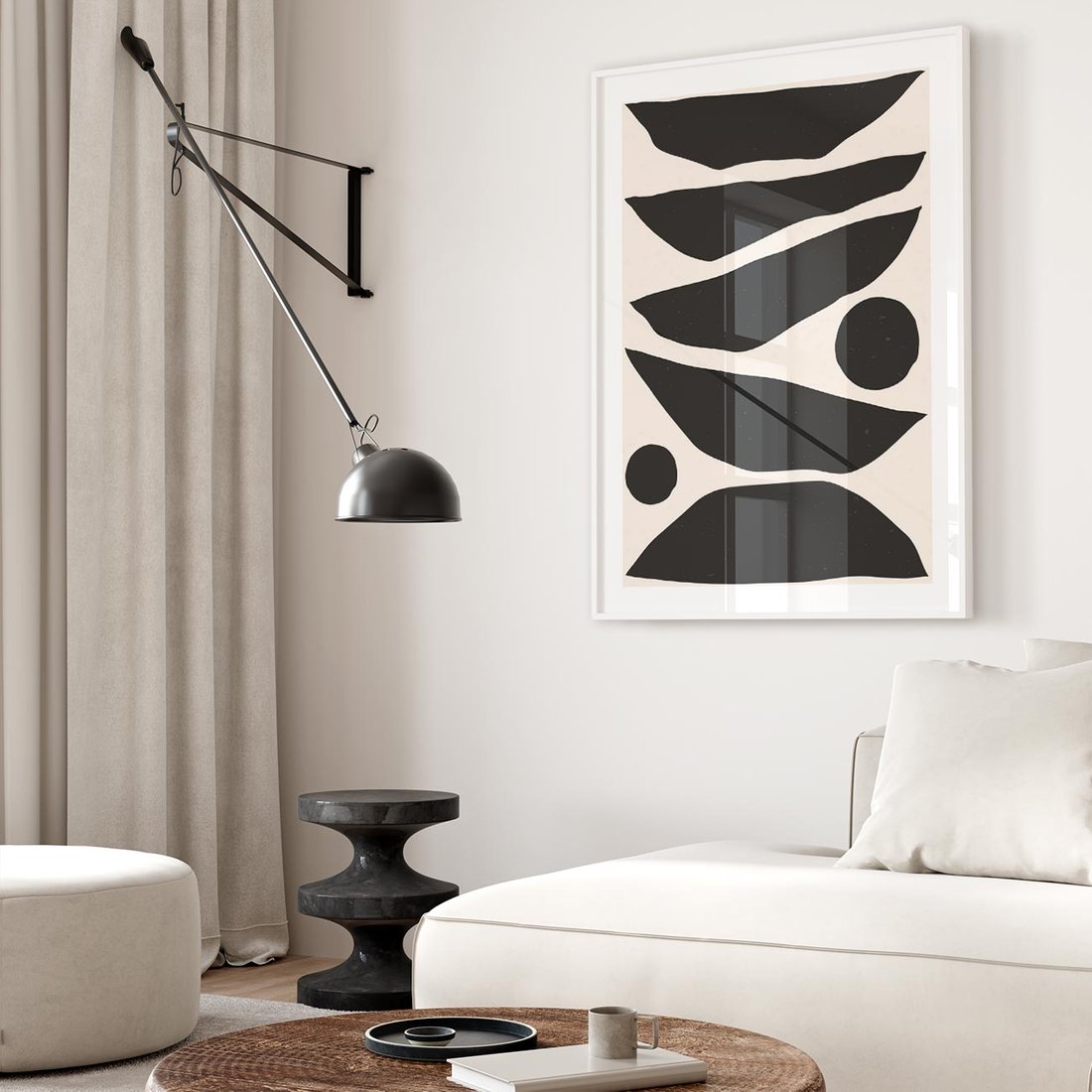 Plakat w ramie 30x40 - Modernistyczna Abstrakcja w Czerni i Bieli - abstrakcja, czarno biała grafika - rama biała