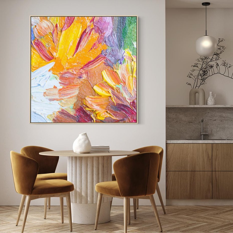 Obraz w ramie 50x50 - Kwiatowe Harmonie - zbliżenie na obraz olejny, gruba warstwa farby - rama drewno