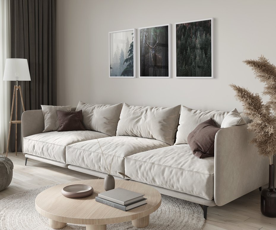 Zestaw obrazy w ramie 40x50 galeria - Jeleń, mglisty, las, skandynawski - rama biała